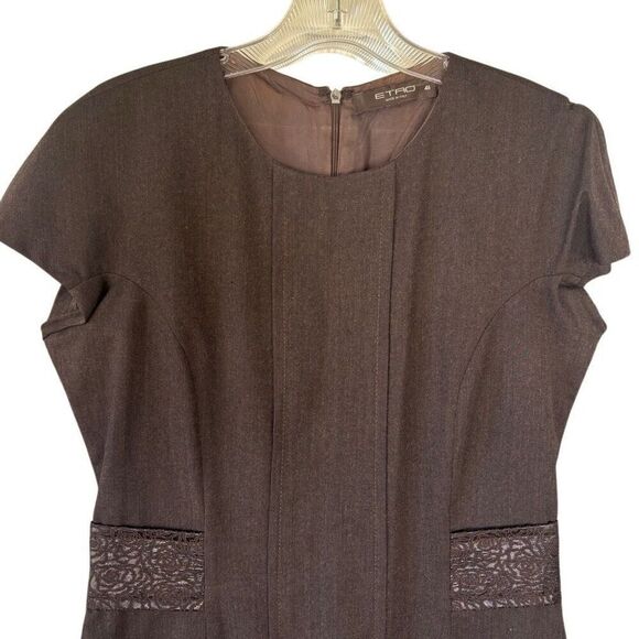 Etro Italy Brown Classic Sheath Dress Wool Floral Brocade Trim Waist Size 46/10 - Picture 3 of 12